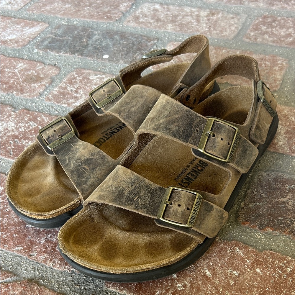 Birkenstock Distressed Leather Sandals with Buckles